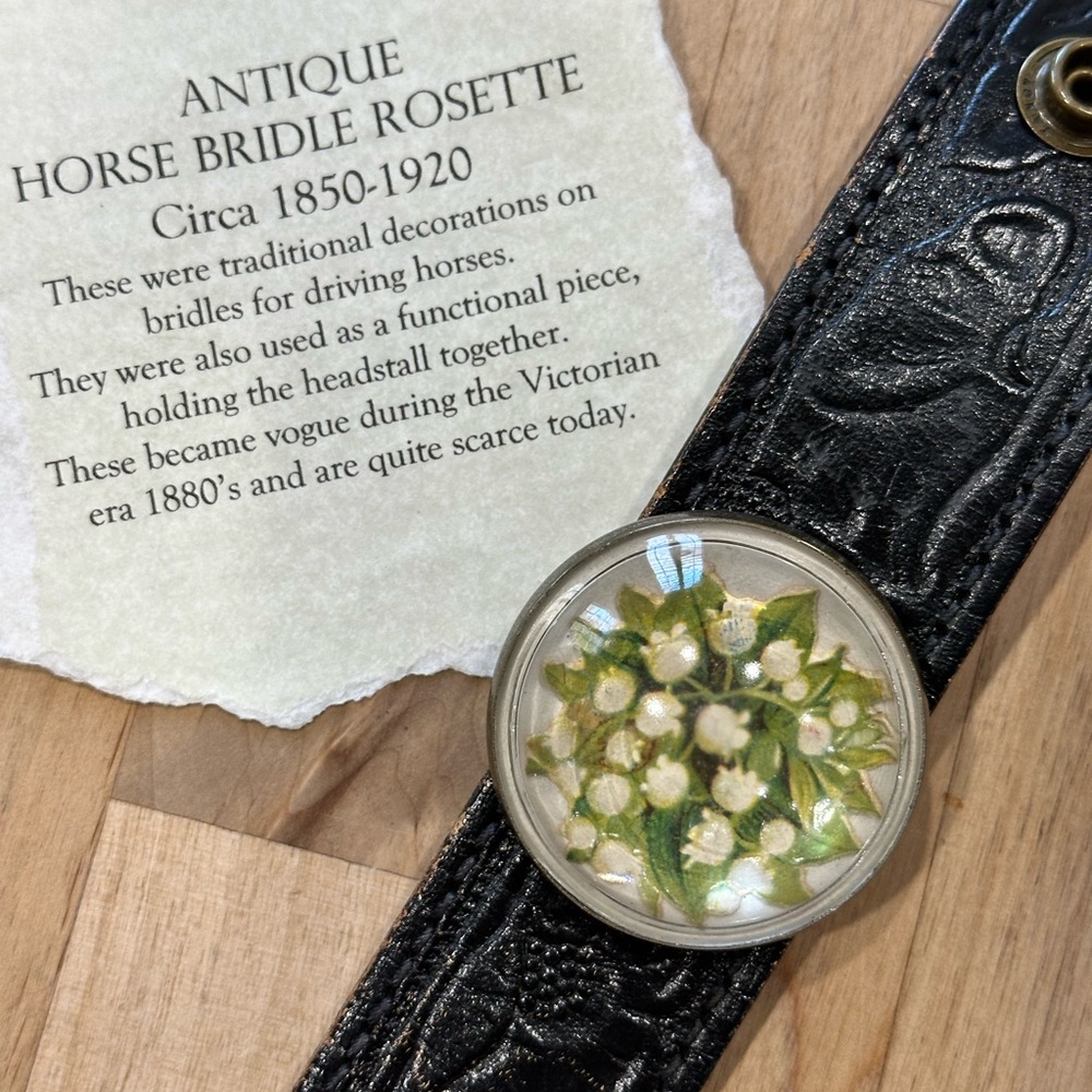 Black Leather Bracelet with Antique Horse Bridle Rosette Floral Design